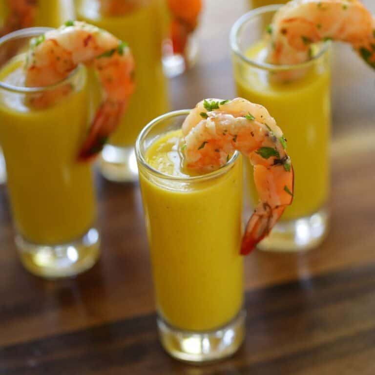 Easy Yellow Gazpacho Soup with Spicy Shrimp Tails