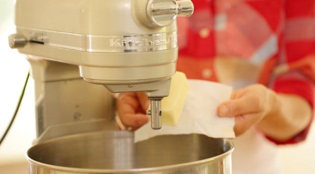 Adding butter to stand mixer for Cherry Bakewell Tart Recipe