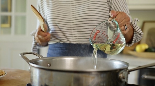 Deglazing pan with white wine