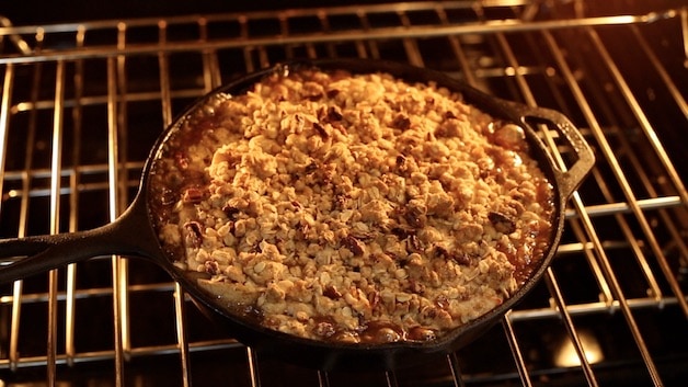 apple crisp bubbling in the oven