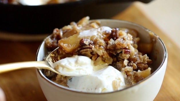 Easy Apple Crisp in a small bol with vanilla ice cream