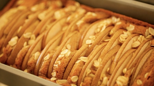 pear cake baked in a loaf pan 