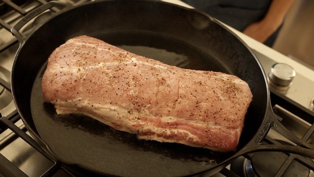 Pork Loin Roast in skillet searing 