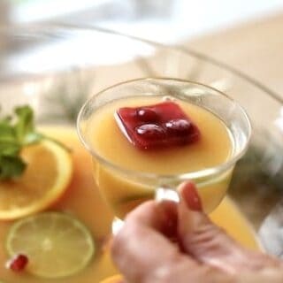 Floating Cranberry Juice Ice Cube in a cup of Christmas Punch