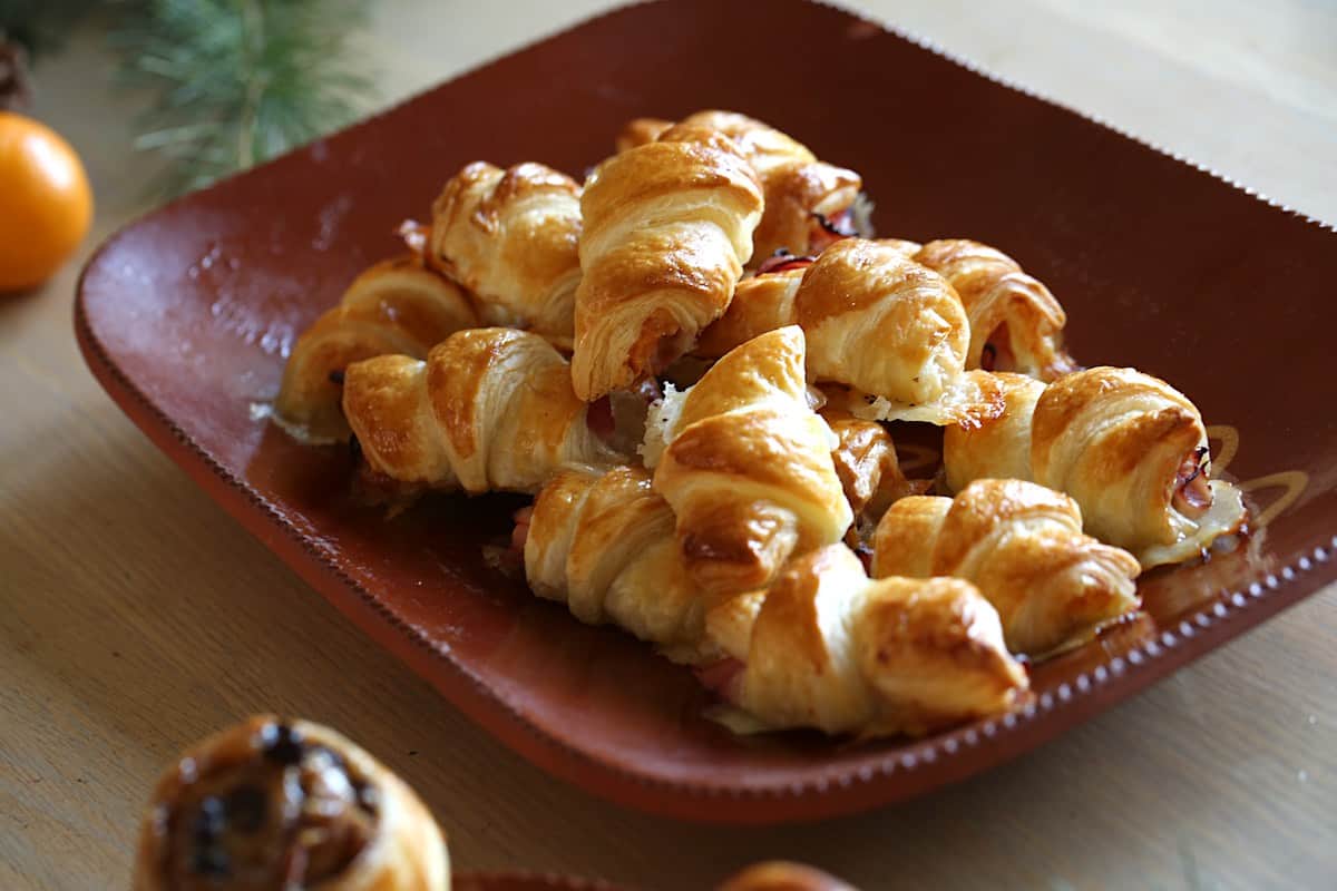 Mini Ham and Cheese Croissants on a platter