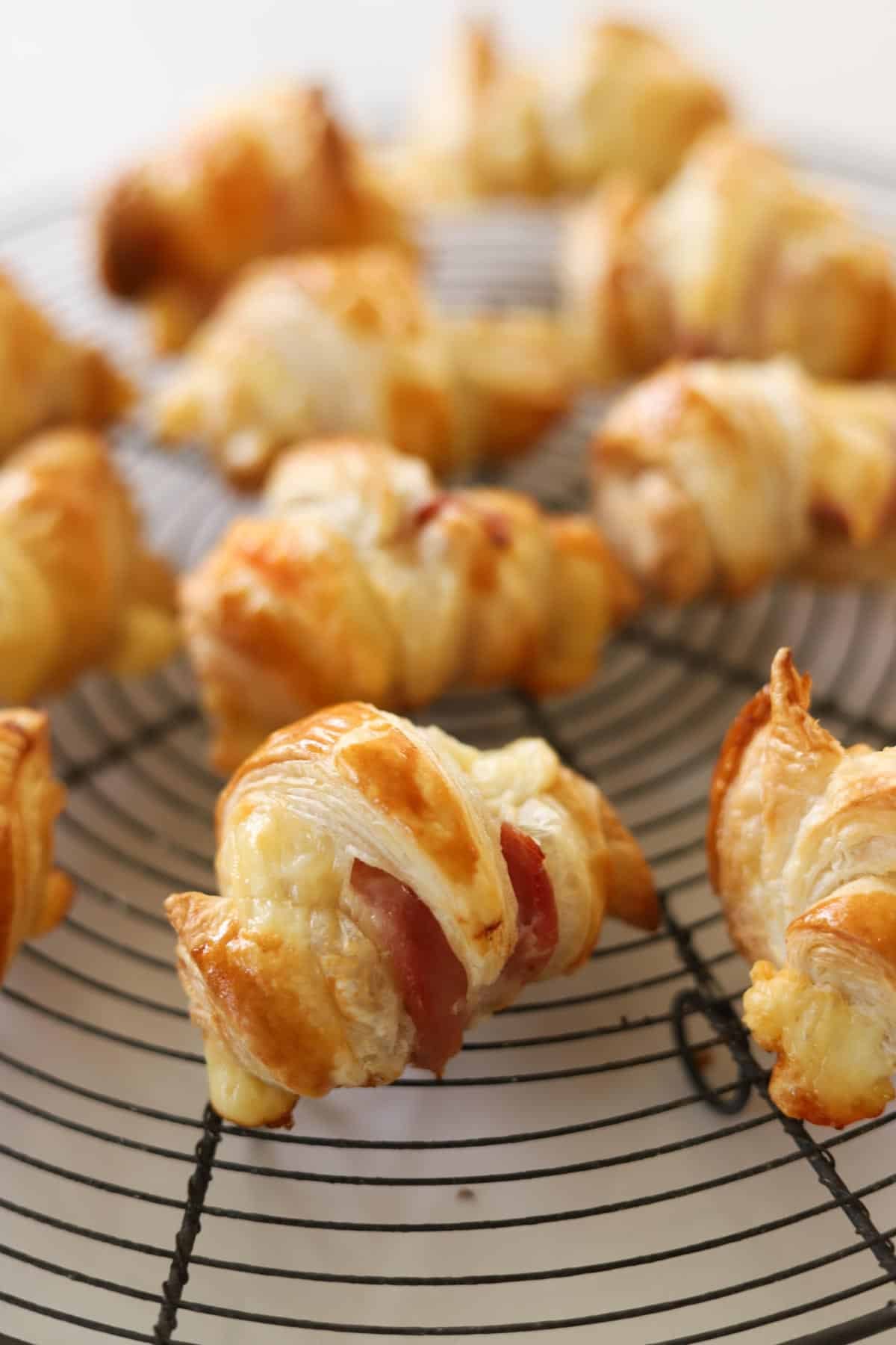 Freshly baked mini croissants cooling on a rack.