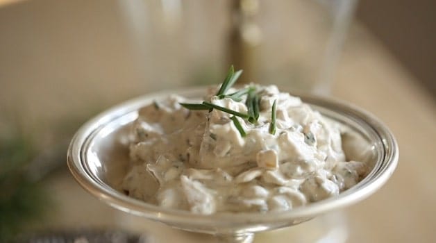 Sour Cream and Onion Dip in a silver stand