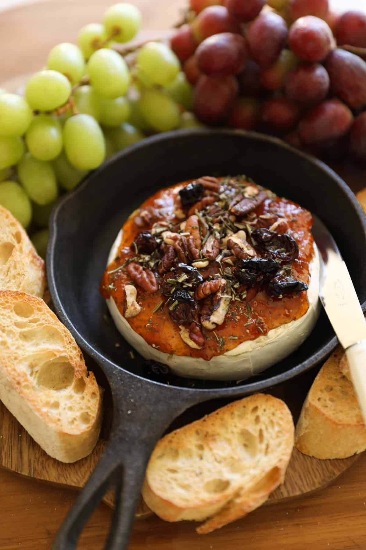 baked brie with jam in a skillet