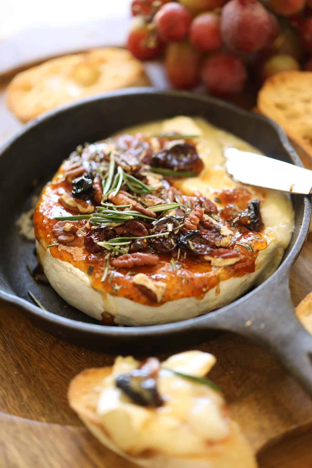 a skillet of baked brie