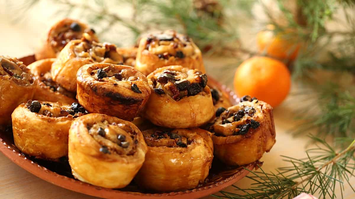 a platter of sticky buns made with puff pastry