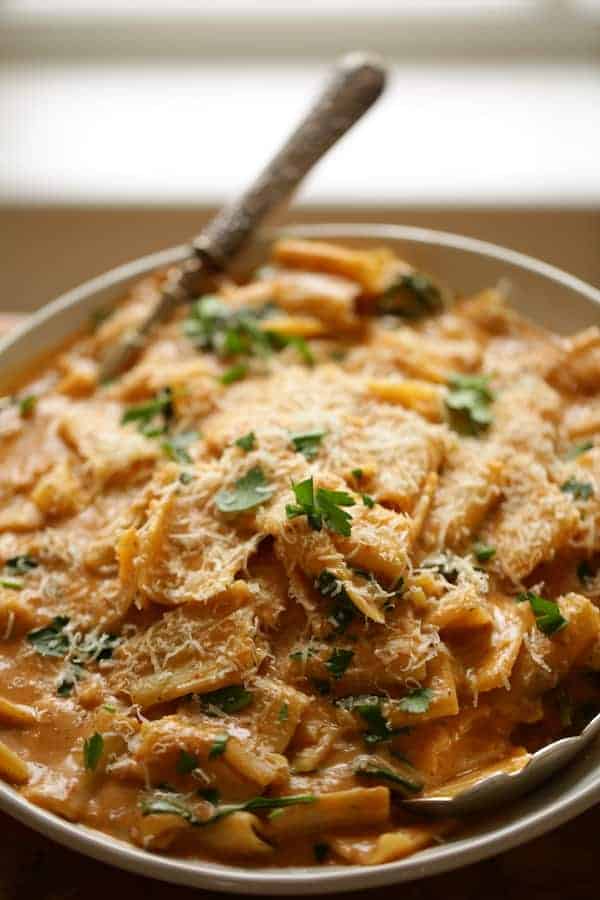 Vertical shot of sundried tomato pasta with spinach