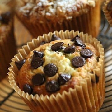 Banana Muffin with Chocolate Chips on a wire rack