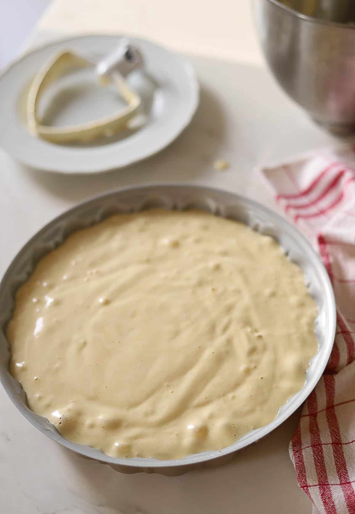 A pan filled with cake batter.