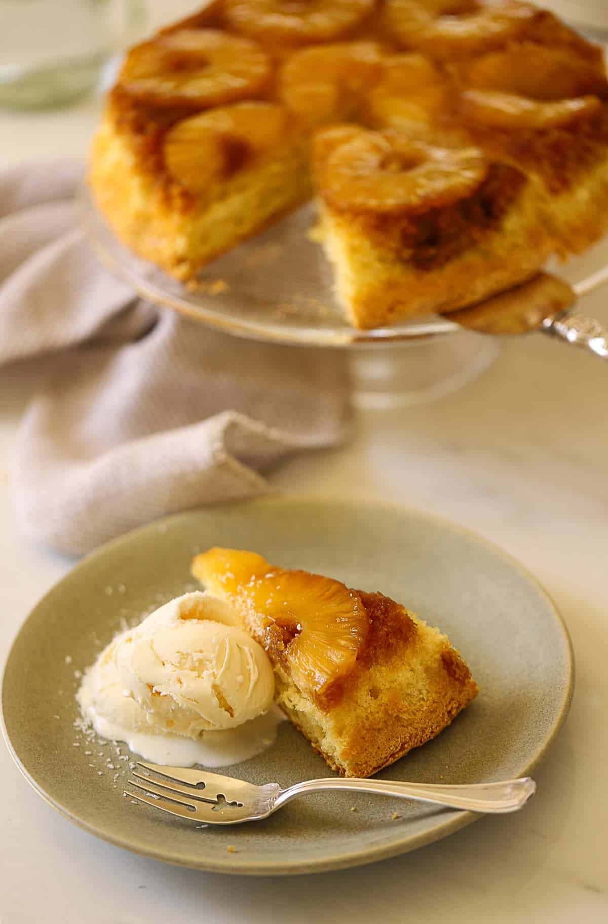 a slice of pineapple upside down cake.