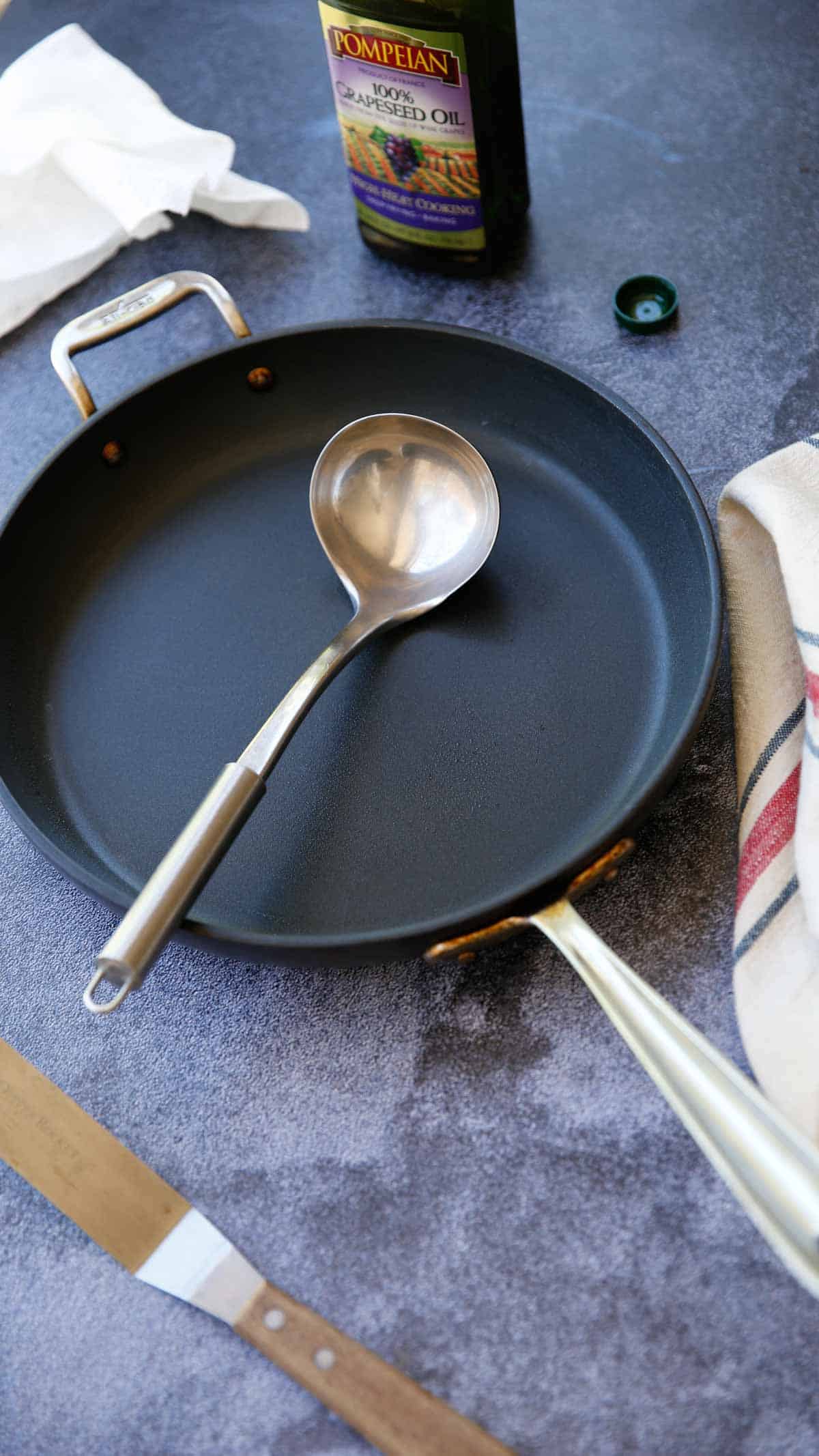 12 Inch Non Stick Skillet with ladle, spatula and grapeseed oil