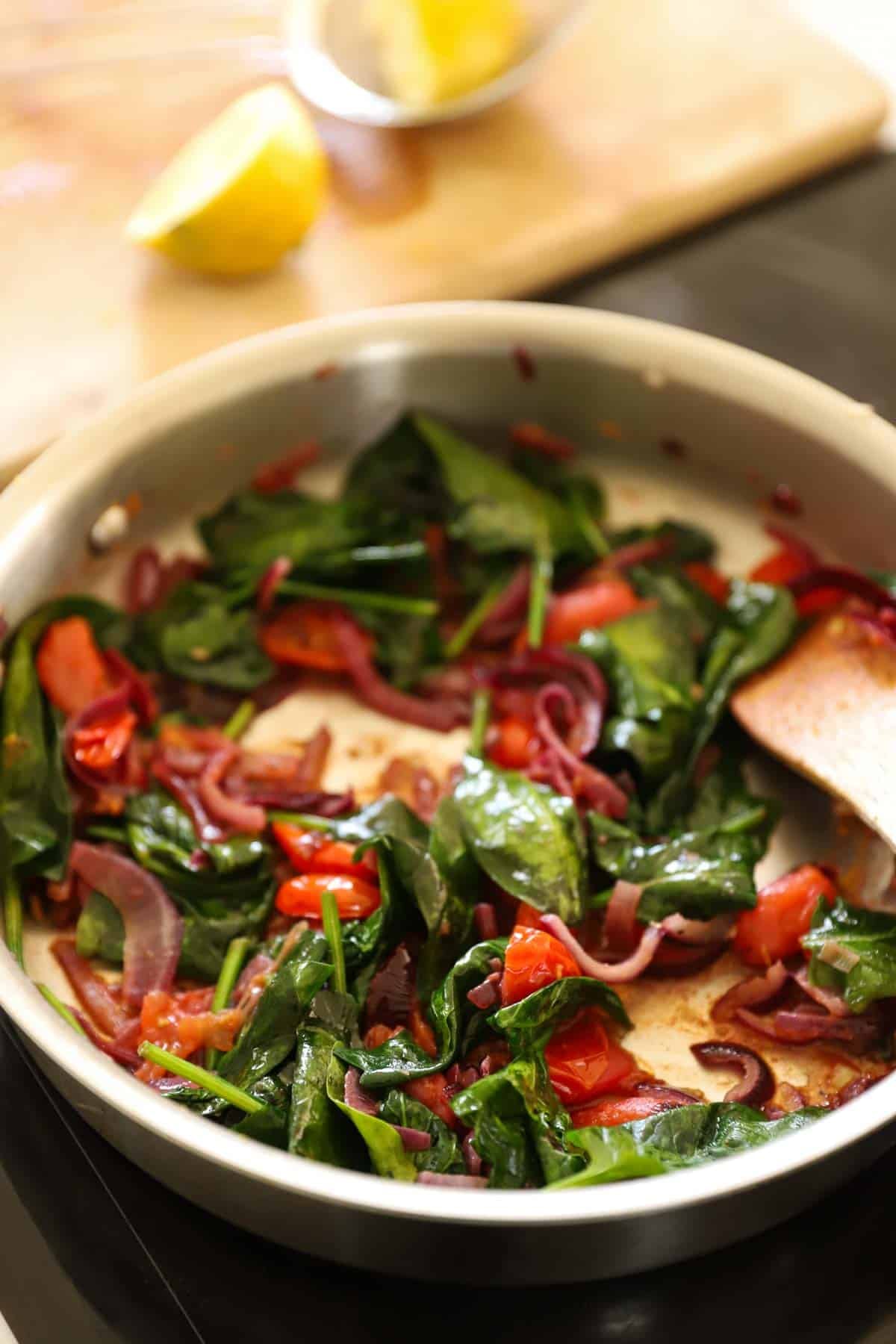 sautéed veggies in a skillet.