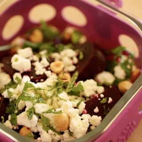 Roasted Beet SAlad with Goat Cheese and Hazelnuts