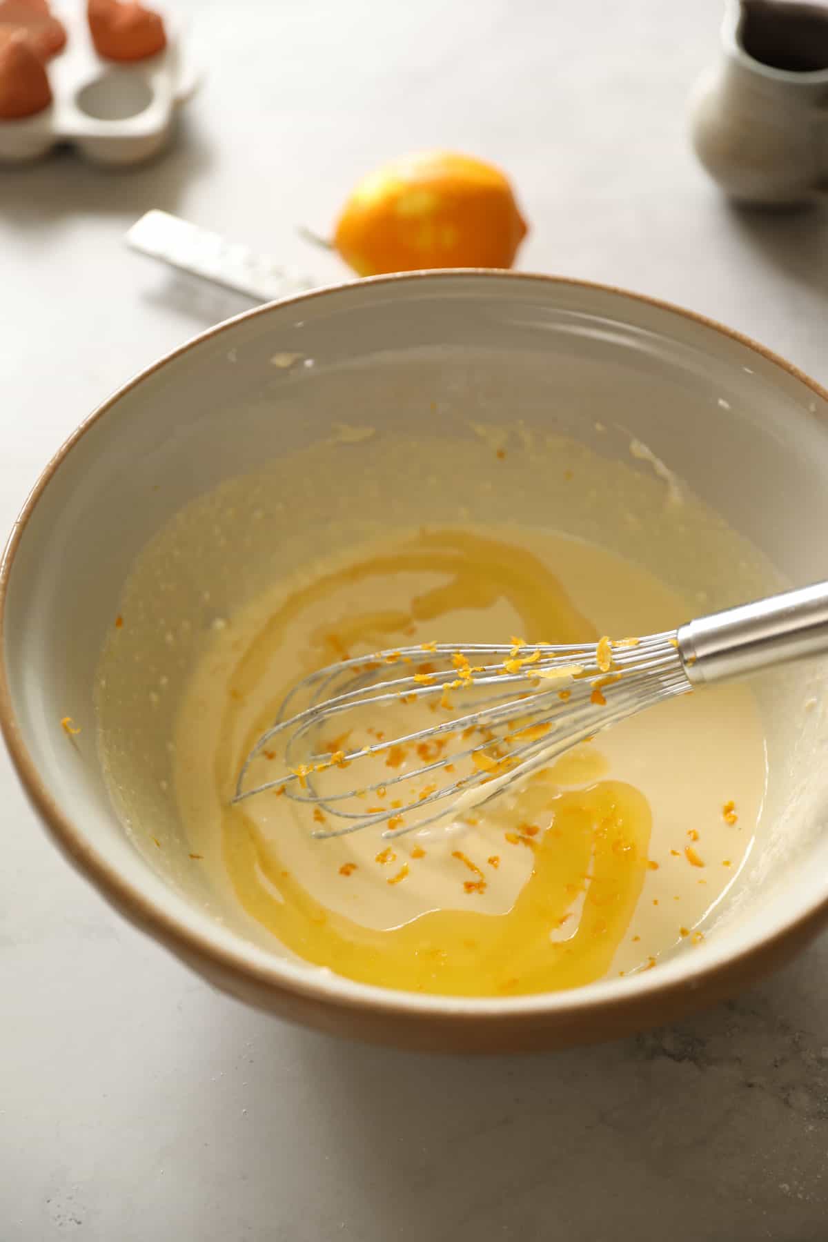 A big bowl filled with pancake batter