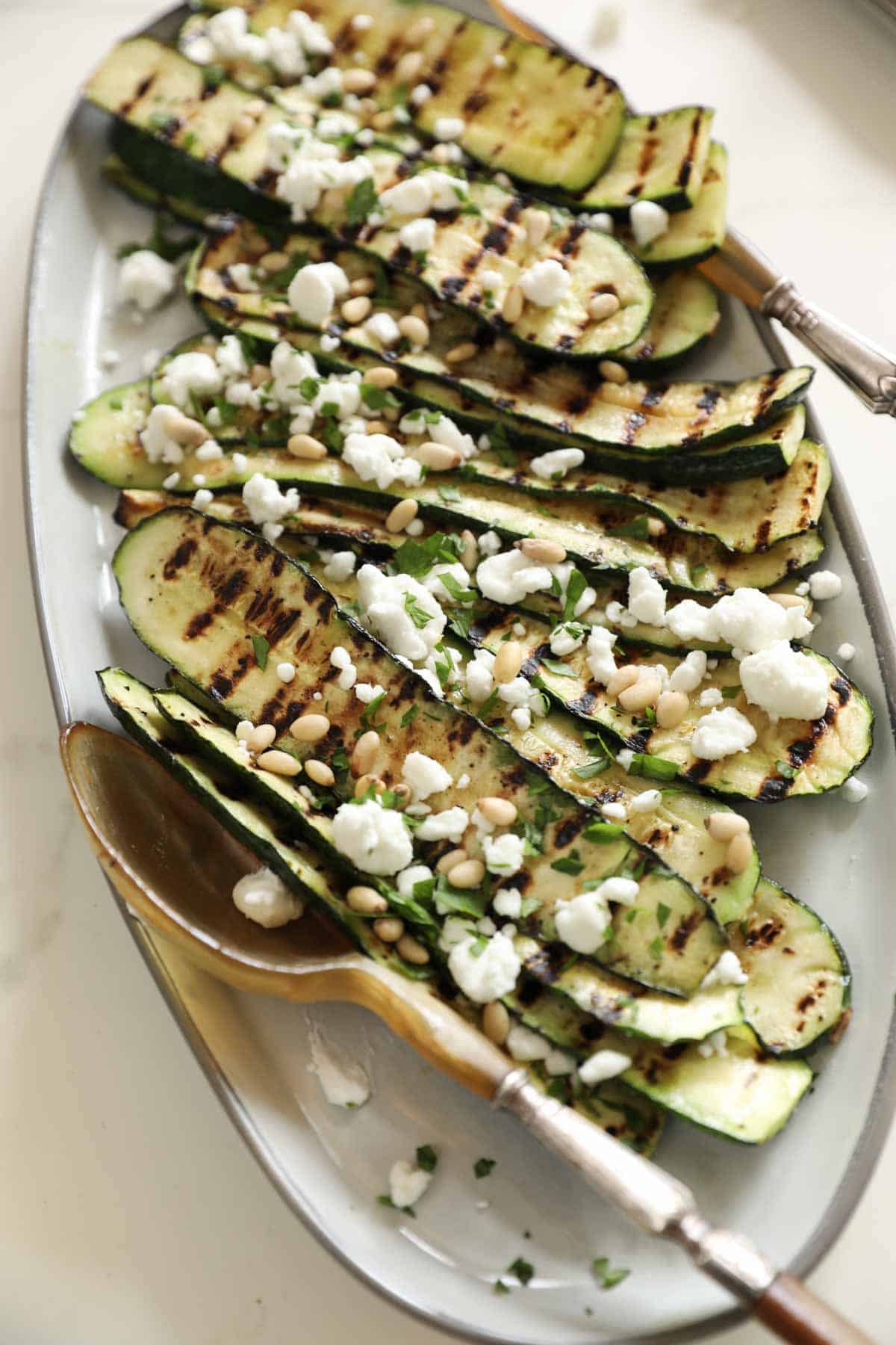 a grilled zucchini salad with chicken brochettes