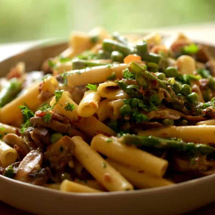 Spring Pasta with Crispy Prosciutto, Peas, Mushrooms and Parmesan