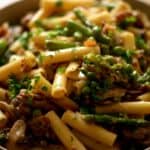Ziti pasta with spring vegetables and Parmesan