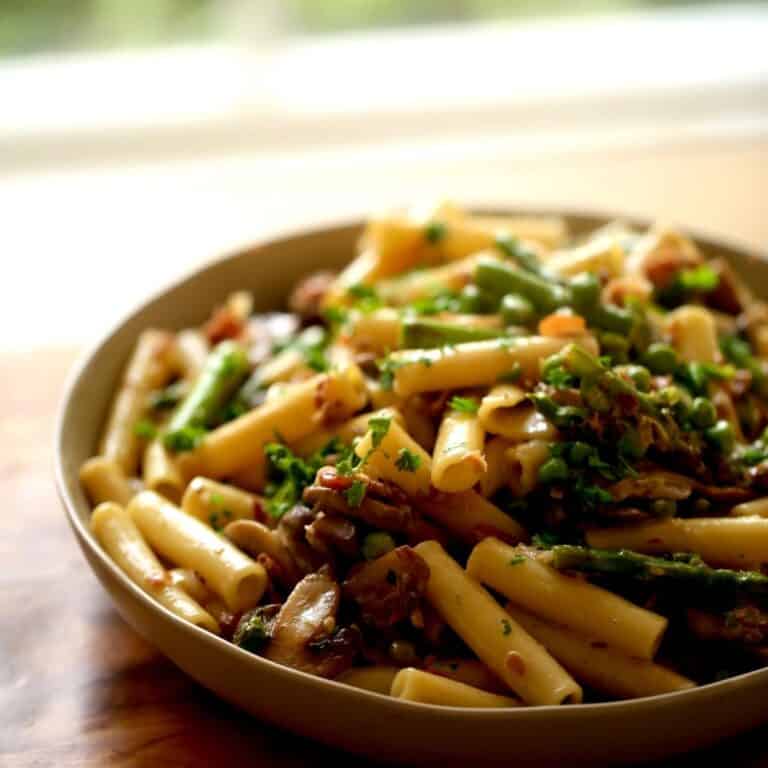 Spring Pasta with Crispy Prosciutto, Peas, Mushrooms and Parmesan