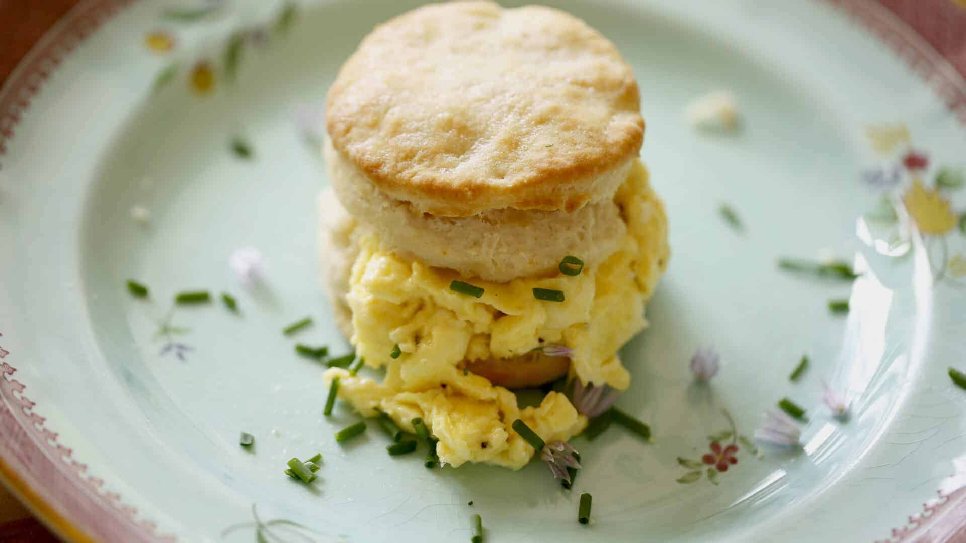 scrambled eggs and bacon and biscuits