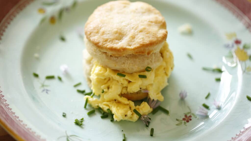soft scrambled egg sandwich with a buttermilk biscuit on a blue plate