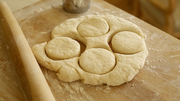 Biscuit dough rolled out on floured board with Biscuit cutter cutting them out
