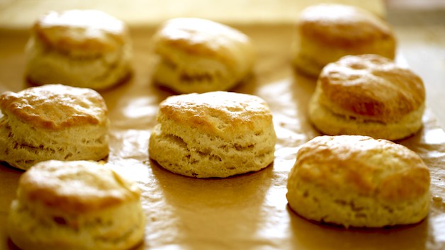 Biscuits out of the oven on a baking sheet