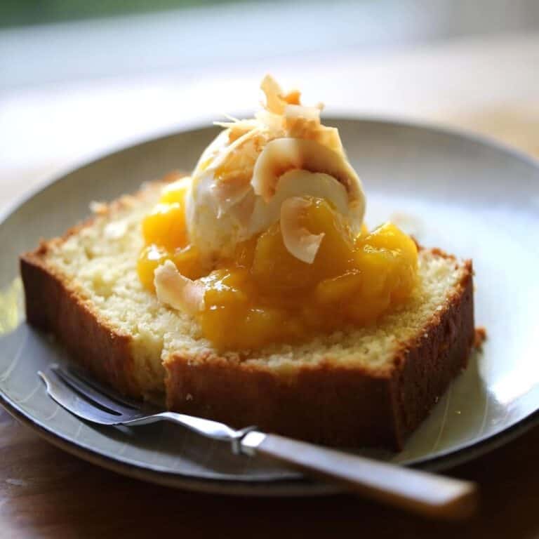 Coconut Pound Cake with Syrupy Mangoes