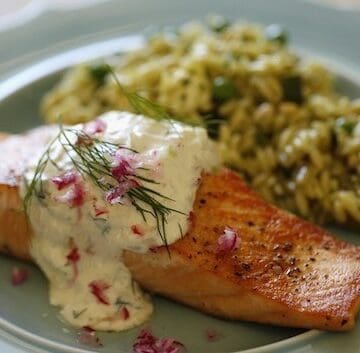 Seared Salmon on Blue Plate with Cucumber Dill Sauce
