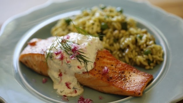 Seared Salmon on Blue Plate with Cucumber Dill Sauce