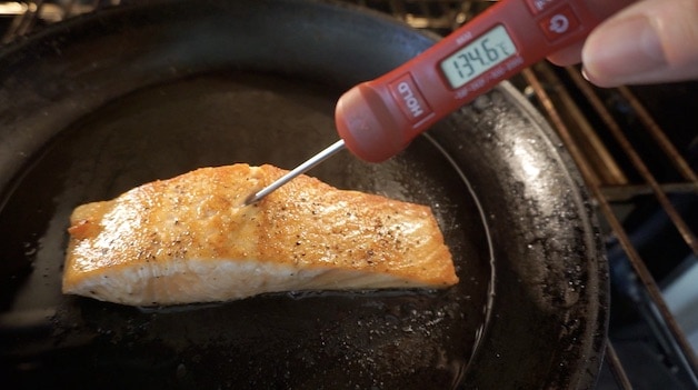 Meat Thermometer Checking Doneness of Salmon