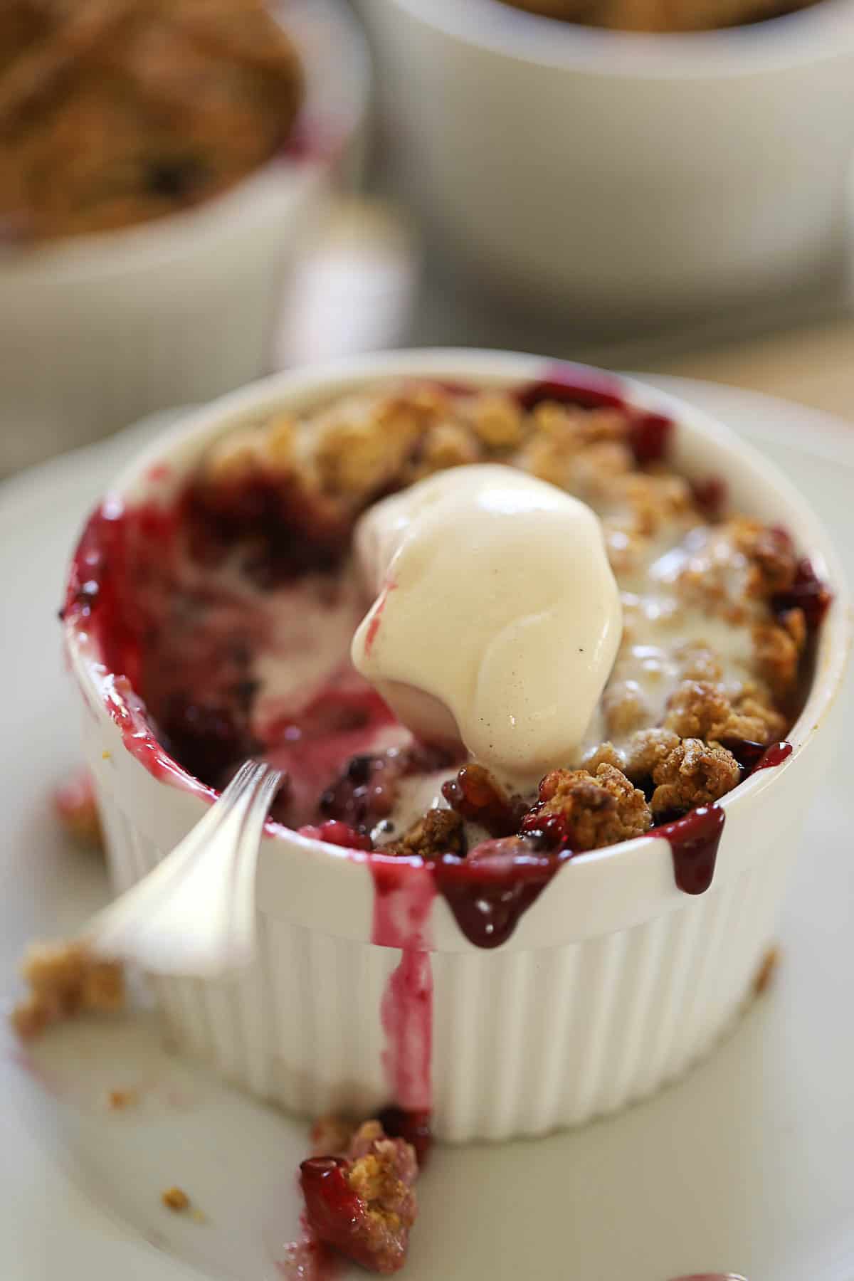Blackberry crisp with ice cream being melted inside.