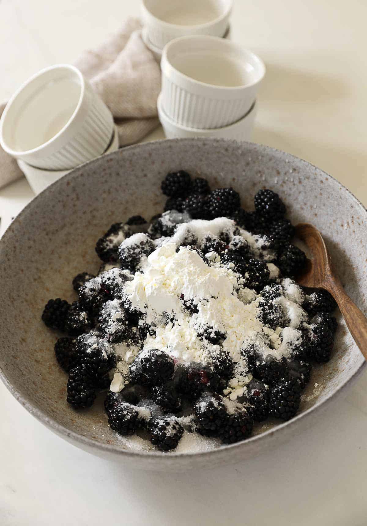 Blackberries covered in sugar, cornstarch, cinnamon and lemon juice.