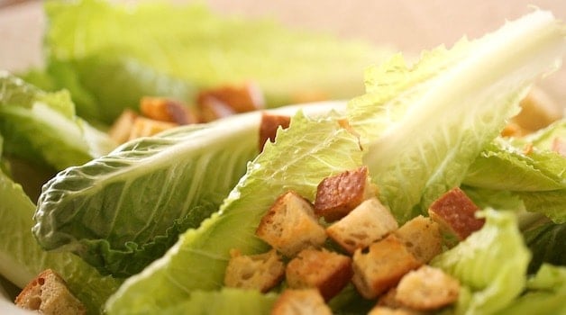 Homemade Croutons on Romaine Lettuce Leaves