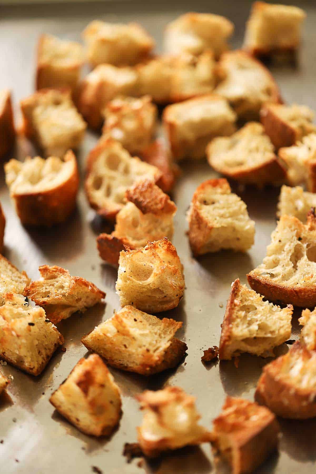 Toasted Croutons on a sheet pan.