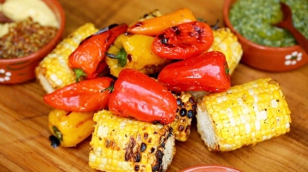 Grilled Peppers and corn on board