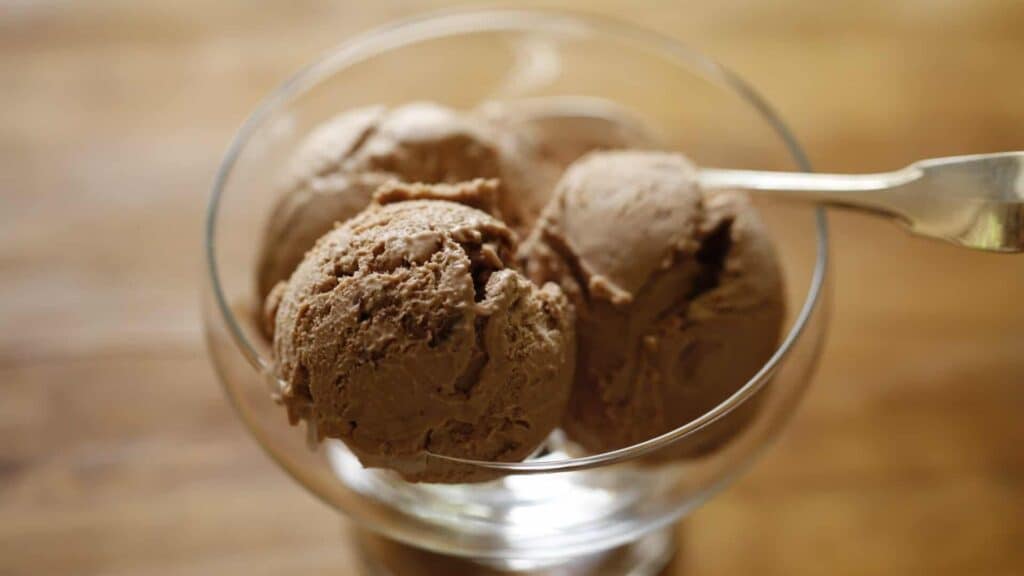 Nutella Ice Cream scooped into clear Ice Cream dish
