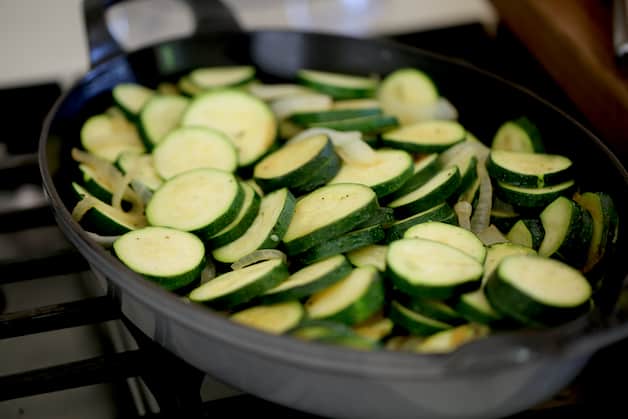 A gratin pan filled with Zucchini