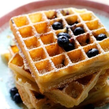 Blueberry Waffles on a light blue plate with fresh blueberries on top