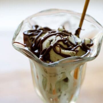 Chocolate sauce on Mint Chip Ice Cream