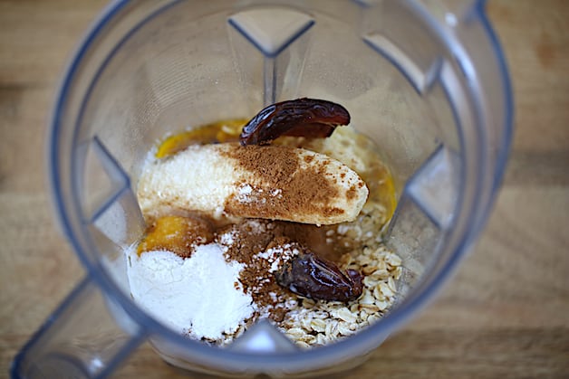 a blender filled with ingredients for Oat Flour Pancakes