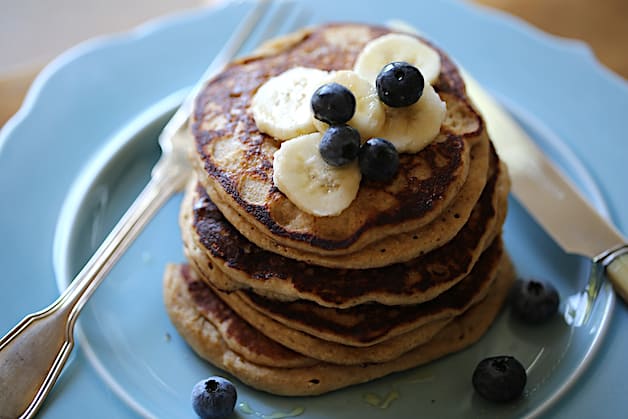an overhead view of a stack of Oat Flour Pancakes