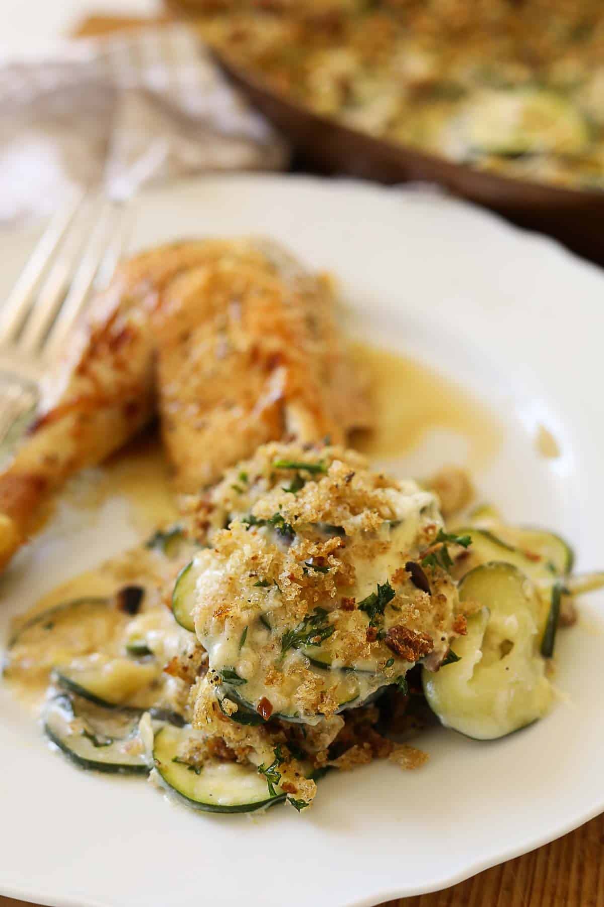 Zucchini Casserole with roast chicken.