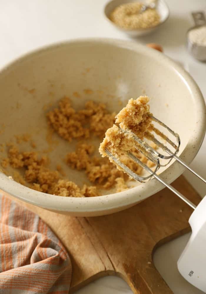 Butter and sugars beaten with a hand mixer until light and fluffy.