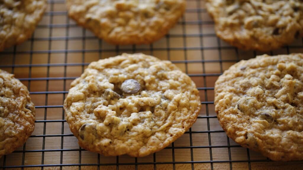 a close up of 1 oatmeal cookie cooling on a rack