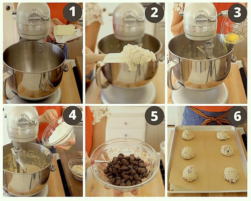 a collage of process shots for how to make a chocolate chip cookie