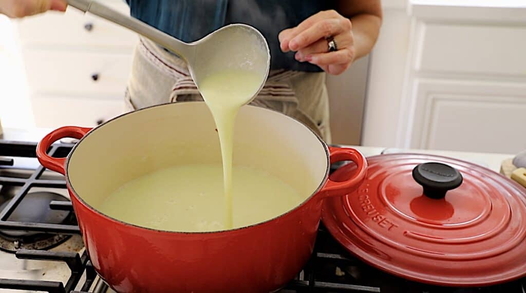 Cream of celery Soup in a red Dutch Oven with a Ladel showing texture
